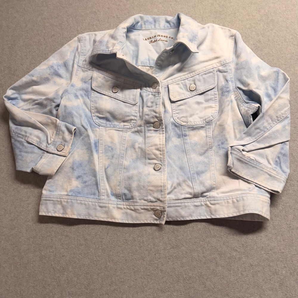 Lauren Ralph Lauren Blue White Tie Dye Acid Wash Denim Trucker Jacket XL Cotton - Picture 2 of 8
